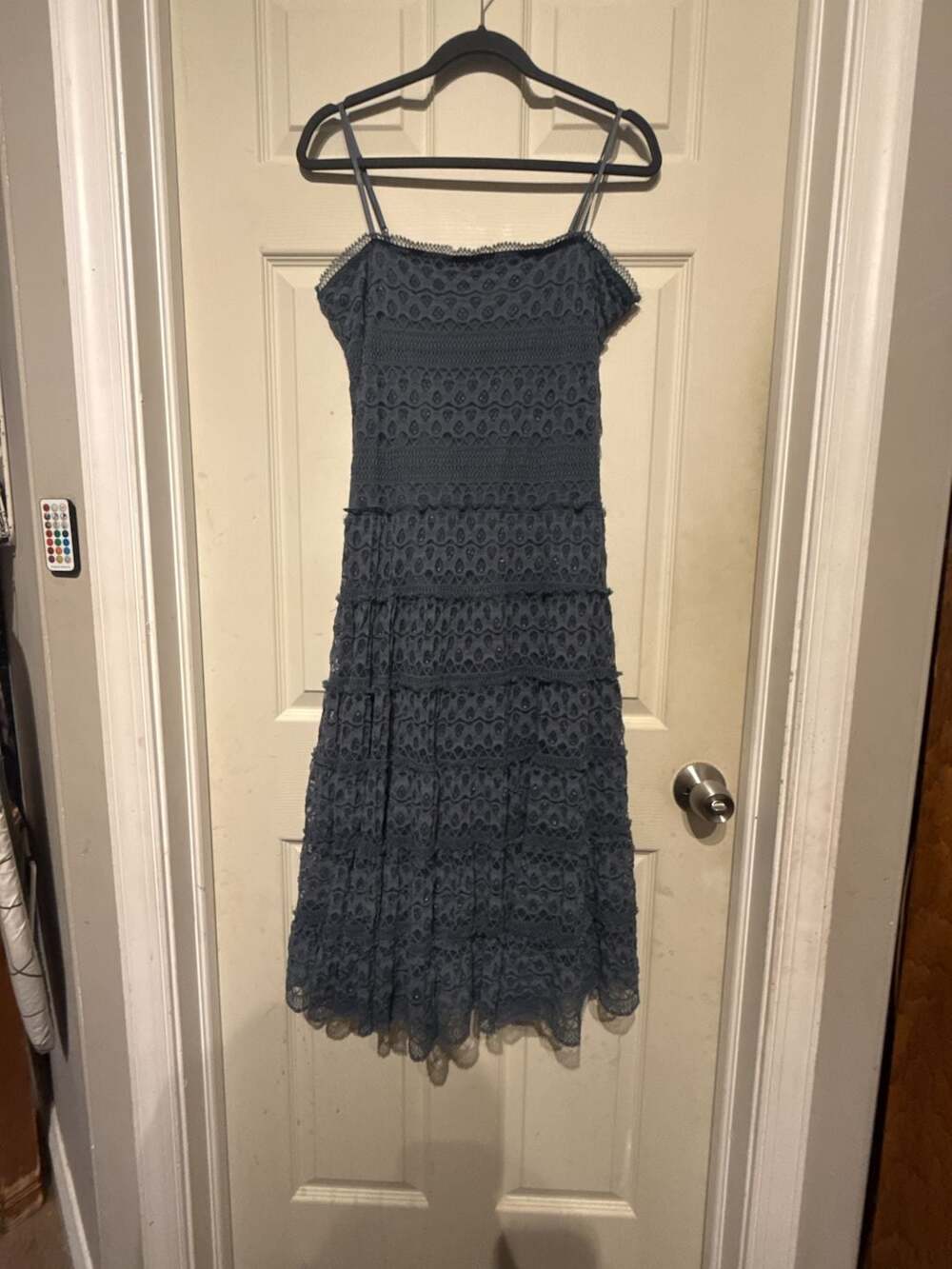 Max Studio Lace Dress Size M Blue Spaghetti Strap Tiered Midi